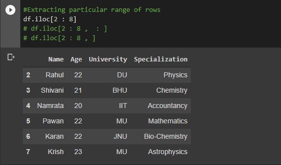 extracting range of rows